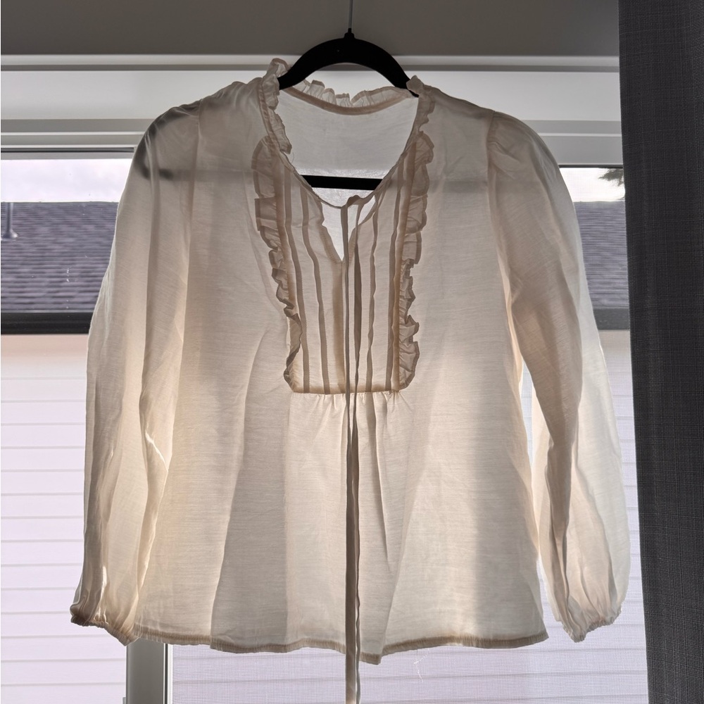 H&M Light Cream Ruffle Tie-Neck Blouse